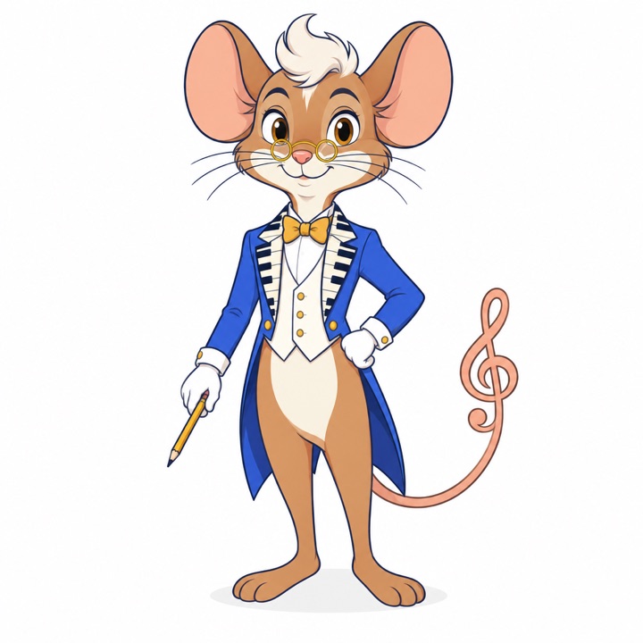 Maestro Mouse, a cartoon mouse in a blue tailcoat with piano-key lapels, gold glasses and a treble-clef tail.